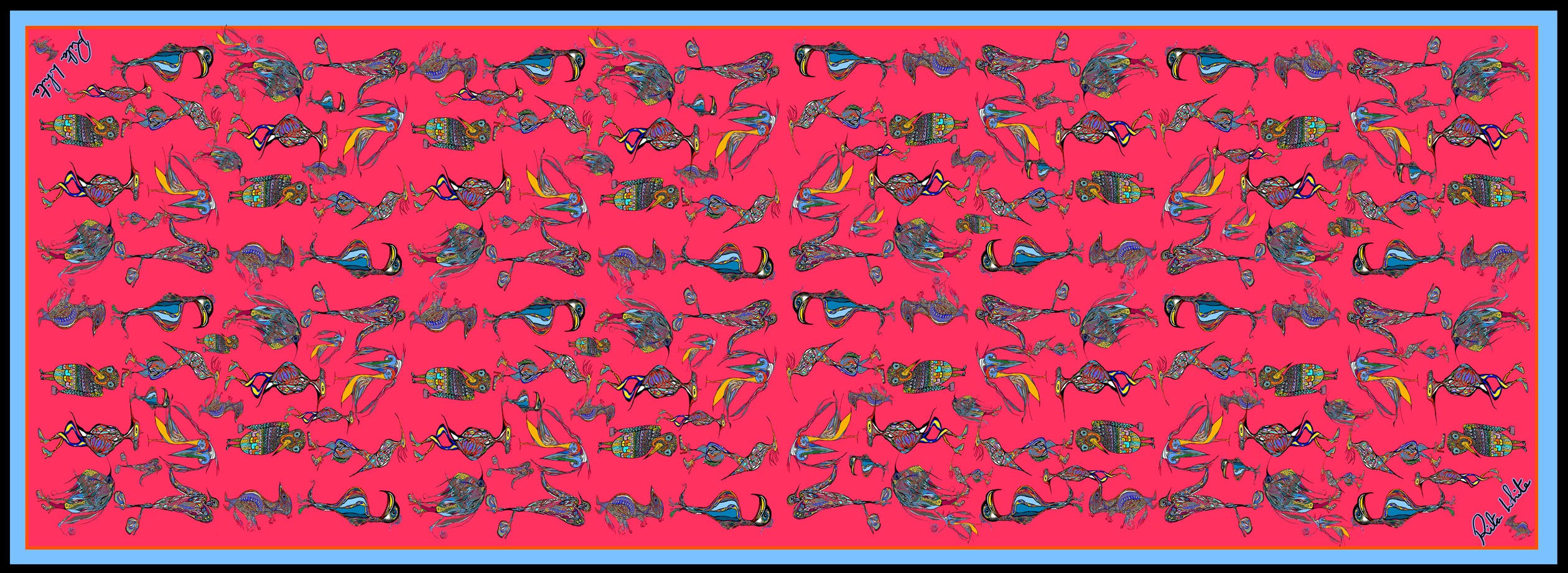 Red Birds Wearing Shoes, 100% Silk Twill, Long Rectangular Scarf