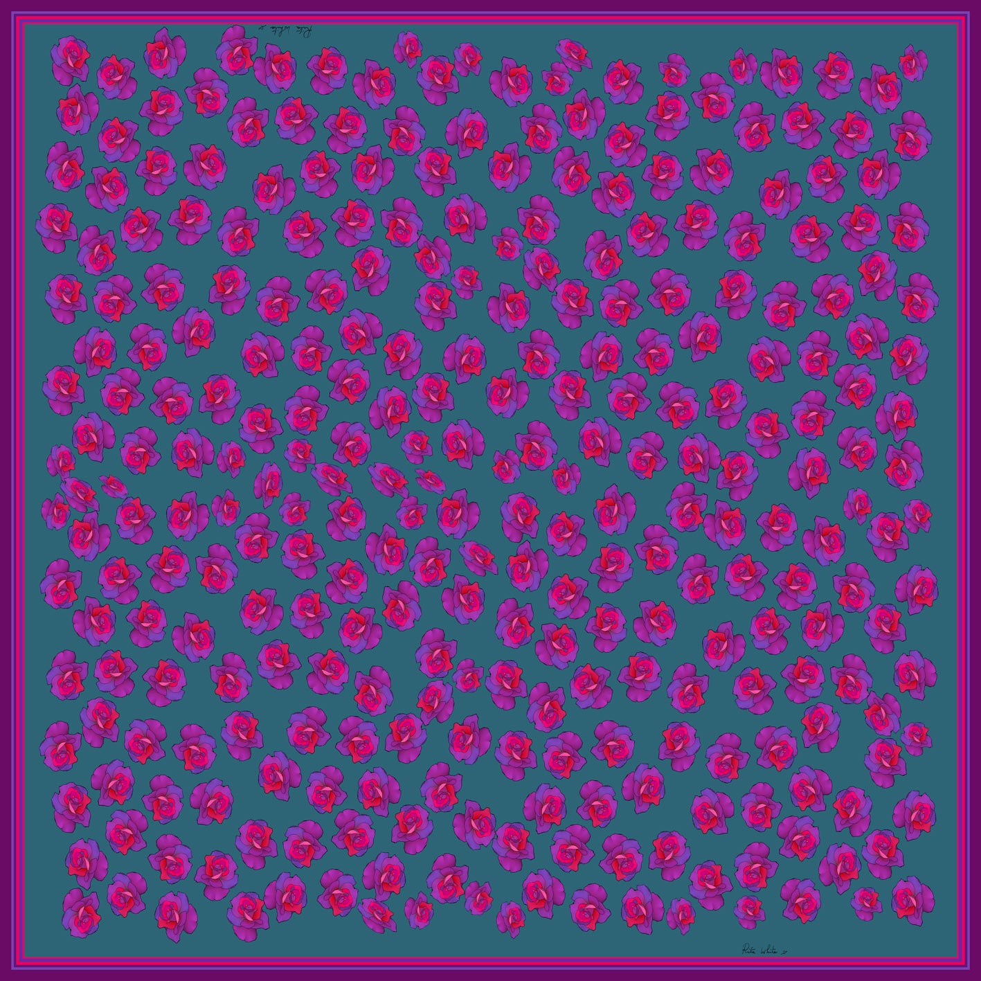 Pink/Purple Roses in Green, 100% Silk Twill, 70cm Square