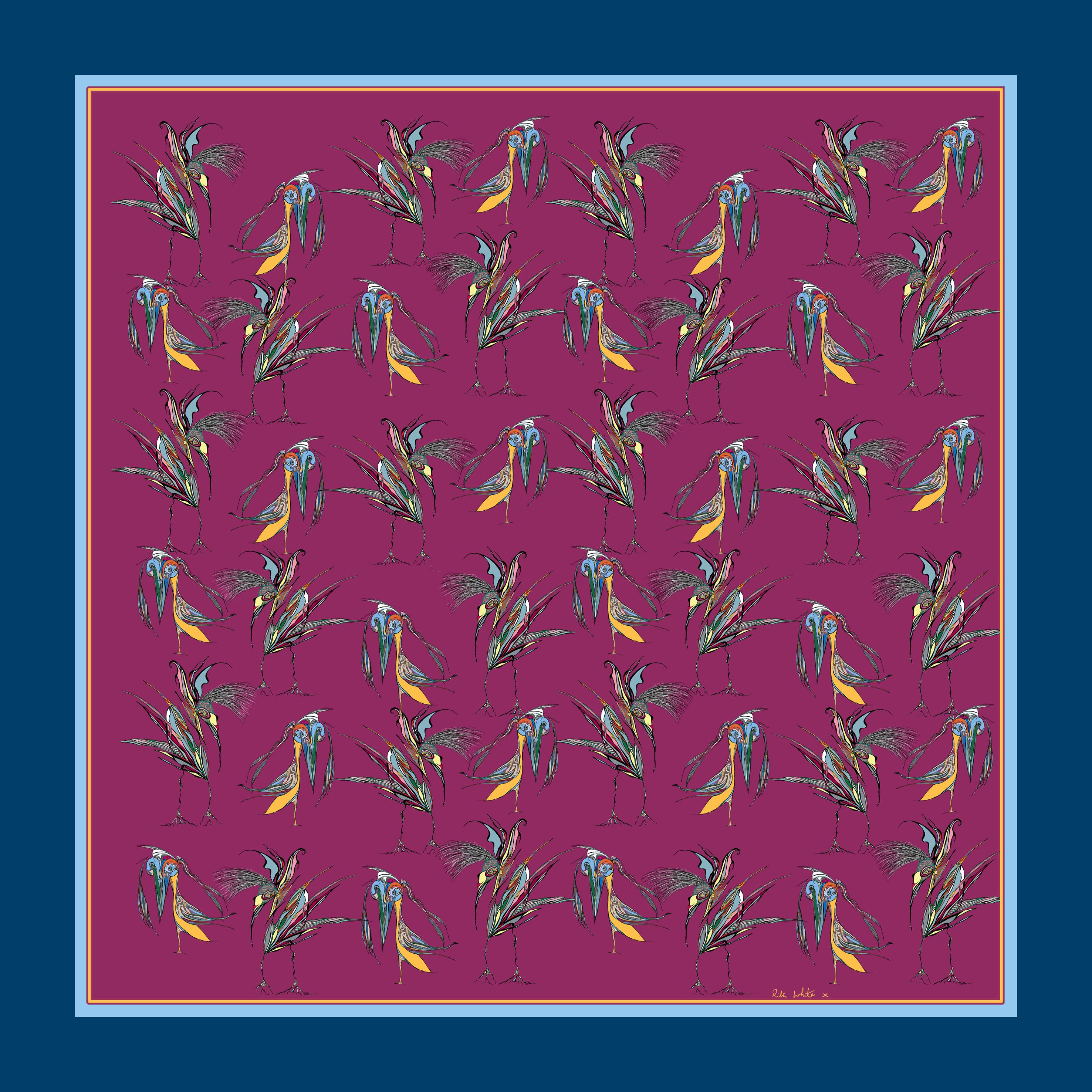 100% Silk Pocket Square in Purple Birds Pattern