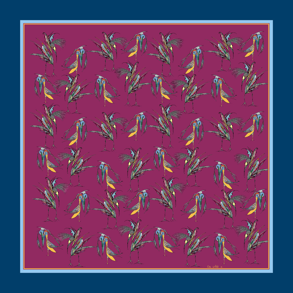 100% Silk Pocket Square in Purple Birds Pattern