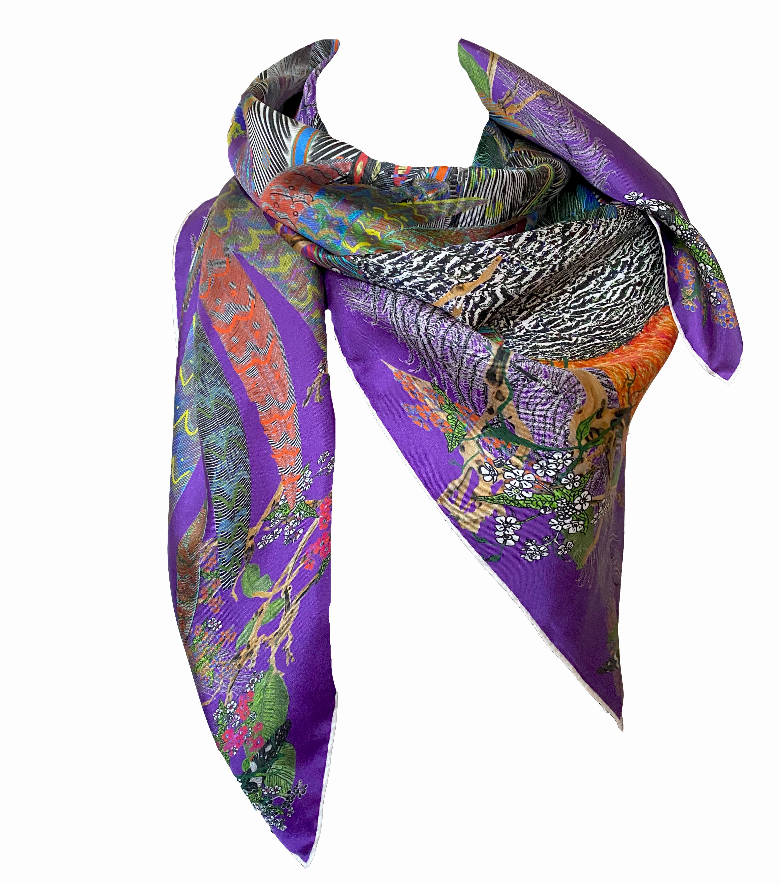 Proud Peacock Feathers in Purple, 100% Silk Scarf