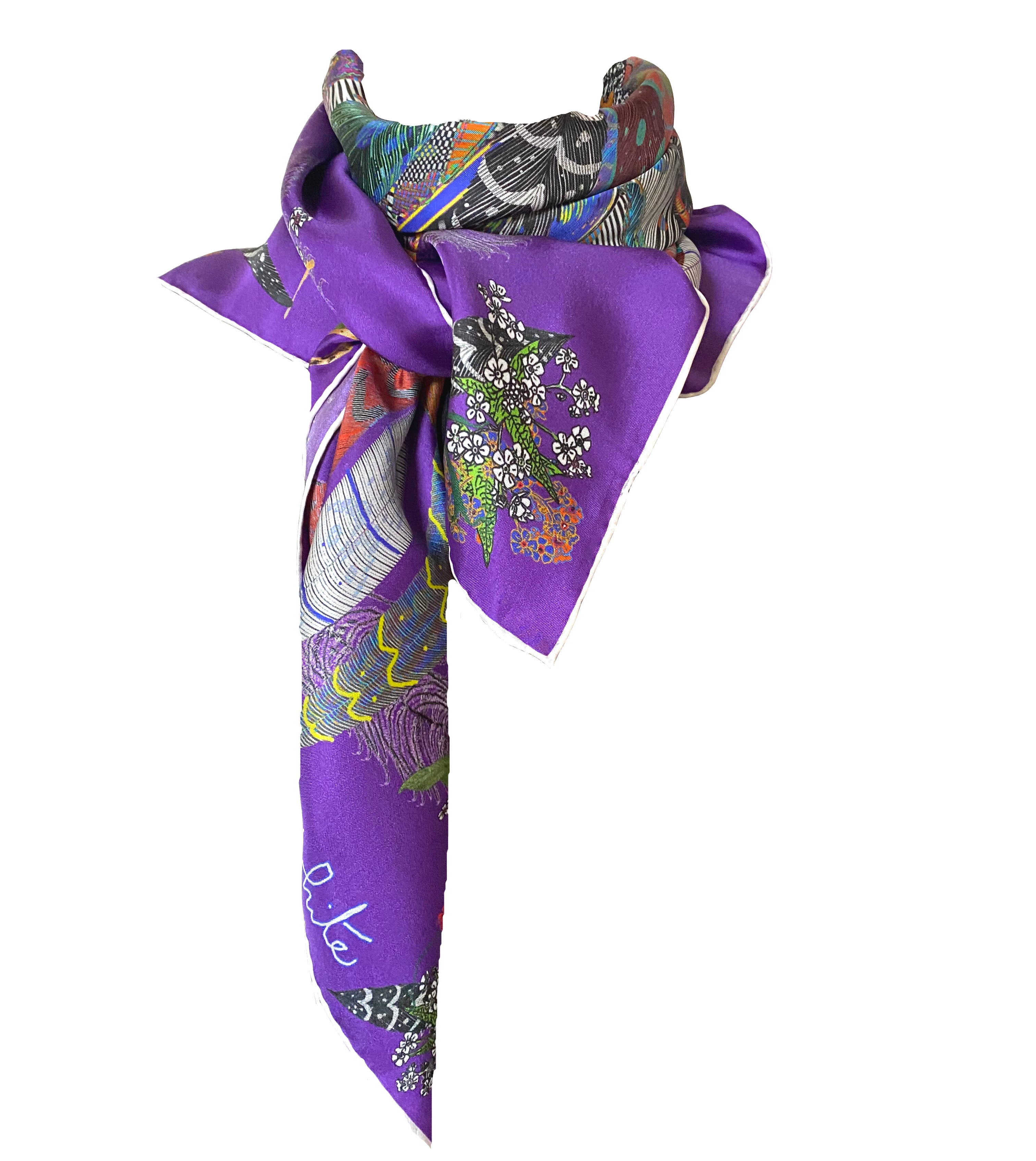 Purple Feathers – Marbled Silk Scarf