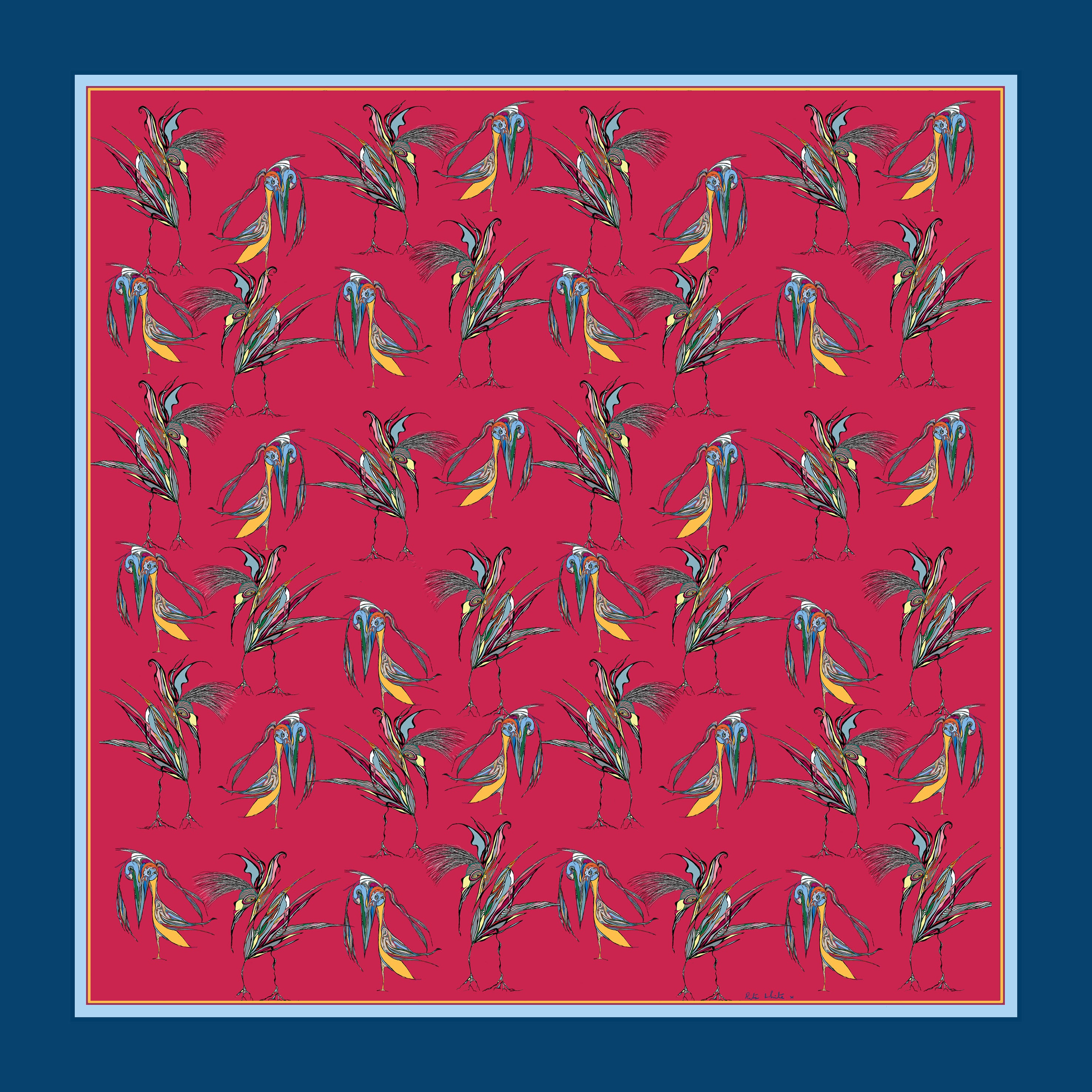 100% Silk Pocket Square in Red Birds Pattern