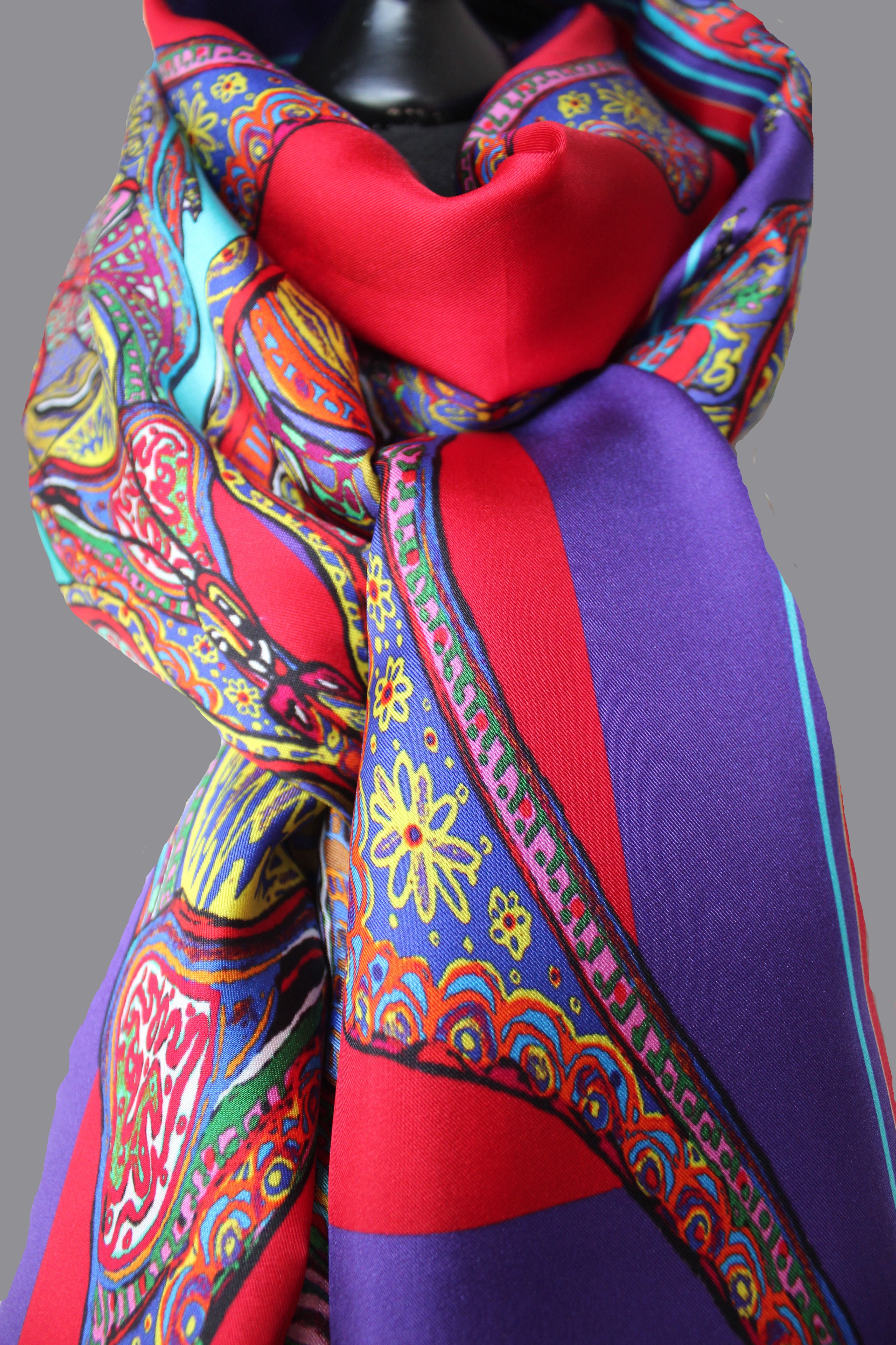 Red/Purple Butterflies, 100% Silk Twill, Long Rectangular Scarf