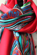 Red Bowing Birds, 100% Silk Twill, Long Rectangular Scarf