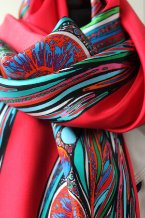 Red Bowing Birds, 100% Silk Twill, Long Rectangular Scarf