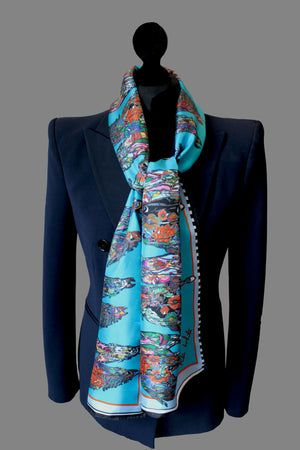 Horse Gallop in Blue, Small Long Silk Scarf