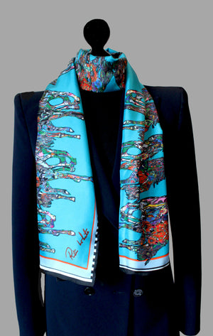 Horse Gallop in Blue, Small Long Silk Scarf
