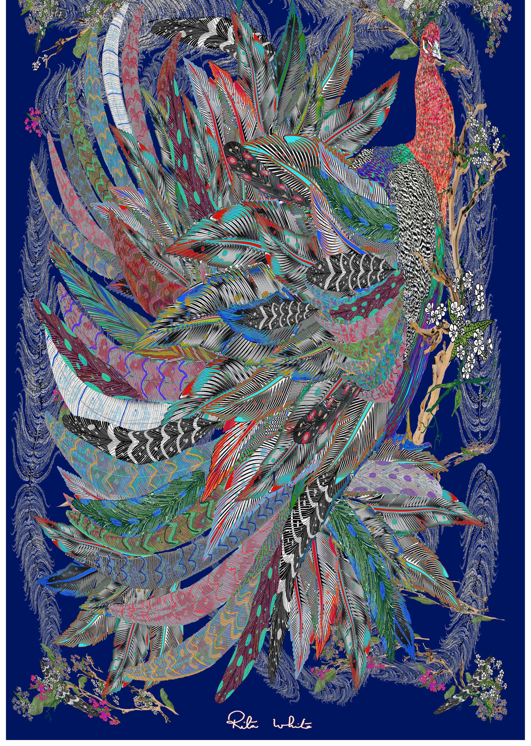 The Proud Peacock in Navy. Long Silk Scarves