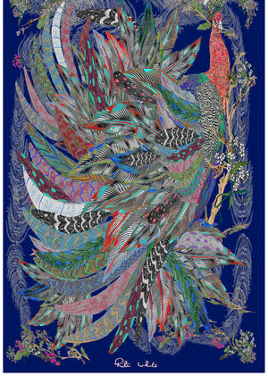 The Proud Peacock in Navy. Long Silk Scarves