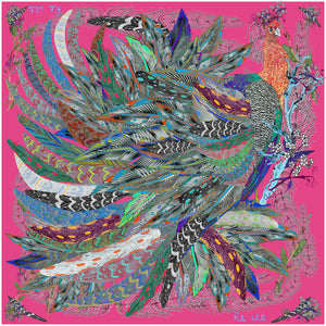 Proud Peacock Feathers in Pink, 100% Silk Scarf